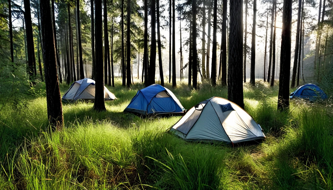 forest area with tall grass on the ground between the trees. There are two camping tents set up in the tall grass. It's late afternoon, and the sky is getting darker, creating a tense atmosphere. The trees are thick, and the shadows are getting longer, heightening the suspense. The scene captures the feeling of anticipation as night approaches."