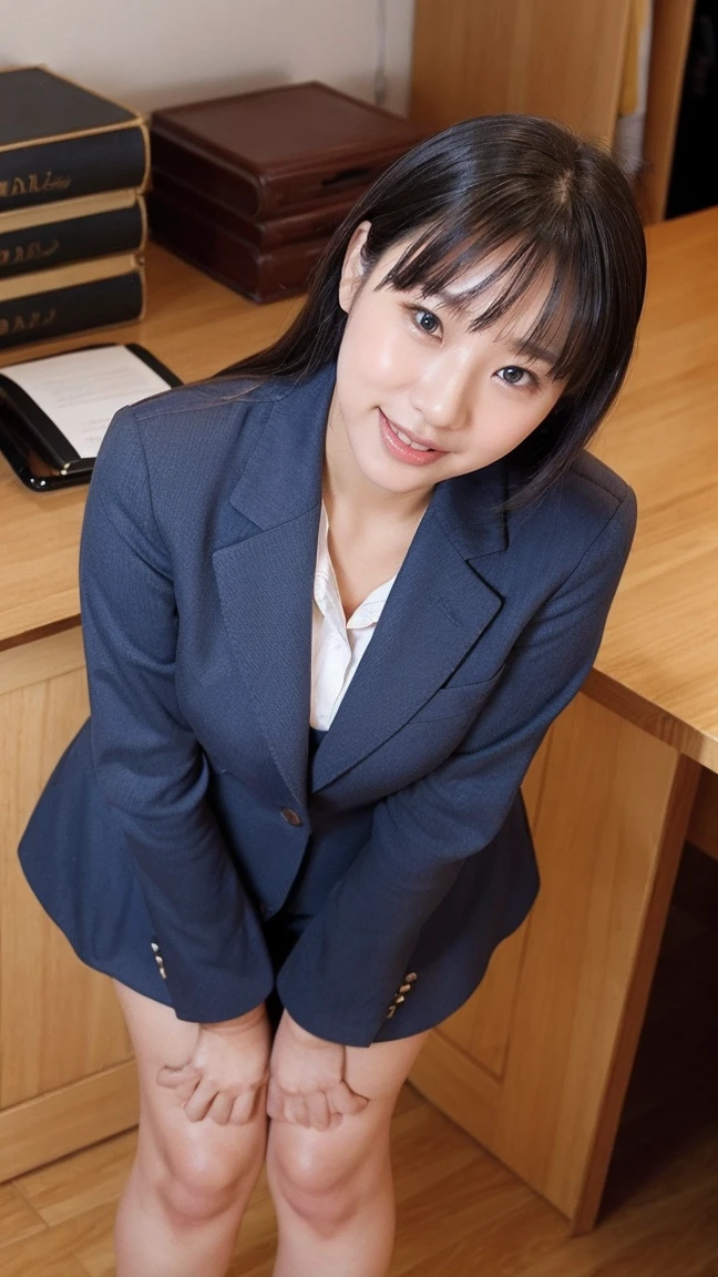 Highest quality、masterpiece、Ultra-high resolution、(Realistic:1.4)、Leaning forward、From above、(((Take a look here)))、I have the documents、Happy expression、Beautiful woman、suit、skirt、High heels、office