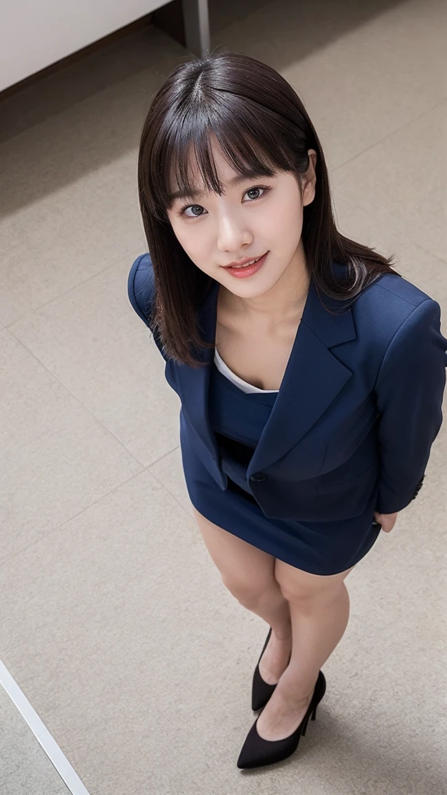 Highest quality、masterpiece、Ultra-high resolution、(Realistic:1.4)、Leaning forward、From above、(((Take a look here)))、I have the documents、Happy expression、Beautiful woman、suit、skirt、High heels、office