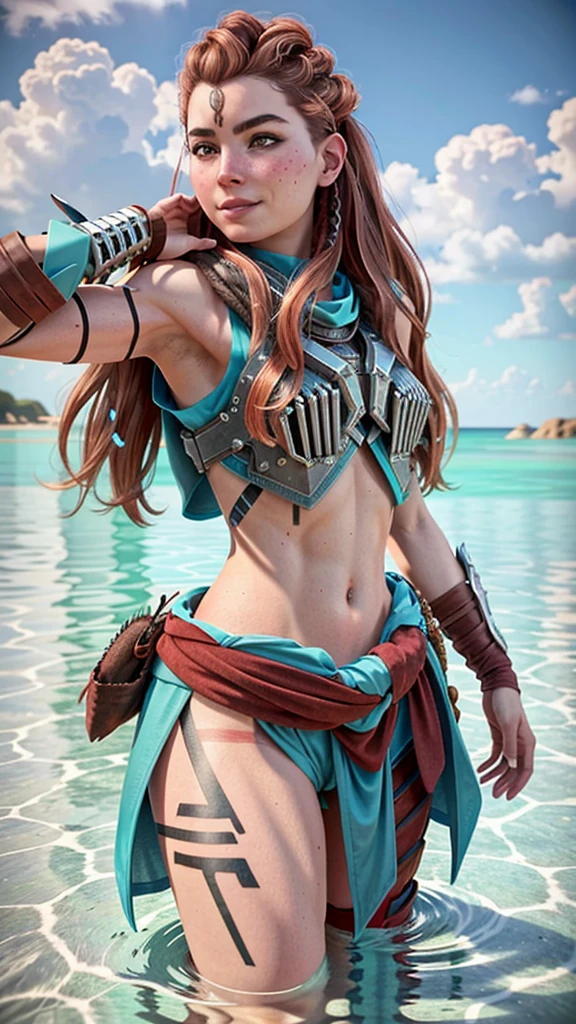 AloyHorizon, solo, long hair, smile, brown hair, hair ornament, navel, brown eyes, weapon, braid, outdoors, parted lips, sky, day, midriff, red hair, water, from behind, armor, blue sky, lips, looking to the side, tattoo, ocean, looking away, thick eyebrows, shoulder armor, freckles, showing armpits and pussy half naked.
