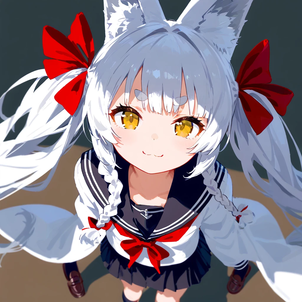 score_9, score_8_up, score_7_up, score_6_up, score_5_up, score_4_up, source_anime,
simple background, light smile, from above, wariza,
1girl, asanagi \(azur lane\), white hair, yellow eyes, twintails, fox ears, short eyebrows, serafuku, loafers, braid,
