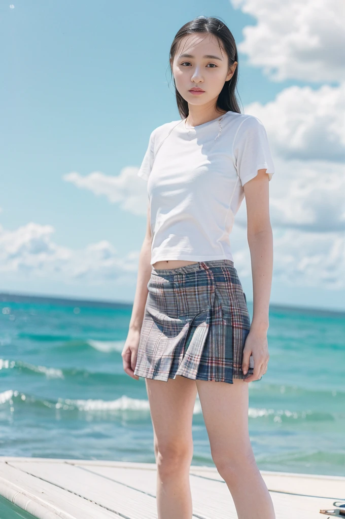 (8k, RAW Photos, Highest quality, masterpiece:1.2,Film Grain:1.1), masterpiece, Highest quality, shape, Very detailed, Fine details, High resolution, 8k,wallpaper, Perfect dynamic composition,(High quality with attention to detail, Realistic depiction of eyes:1.3)、A woman who has been and has her Hand tied、Place your arms behind your back、Hand tie,Standing on a yacht floating on the sea、Tartan Check Pleated Skirt、whole body、A strong wind blows and flips up my skirt、White panties are visible、The whole is facing forward、21talent、beauty、Well-formed face、Even out the eyes、Beautiful black hair、Banditium Build、Balanced ratio、Beautiful feet、Short sleeve blouse、Fresh face、Beautiful views、
