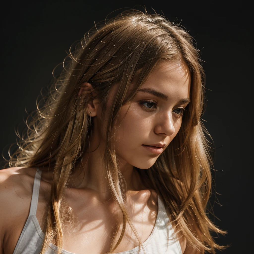 Photograph of a 25 year old woman, (ambivalent facial expression), face looking at camera, full face, portrait, faces are visible more, and the eyes look straight, textured leather, goosebumps, ash blonde mermaid with braid, Perfect eyes, realistic skin texture, too much sweat, (ektachrome), Velvia 100 color, shot with Leica T, hips, sharp focus on the subject, shot by Peter Lindbergh, bright, fair, realistic look, toka on forehead, nose jewelry, big lips, red lipstick, pink slip,