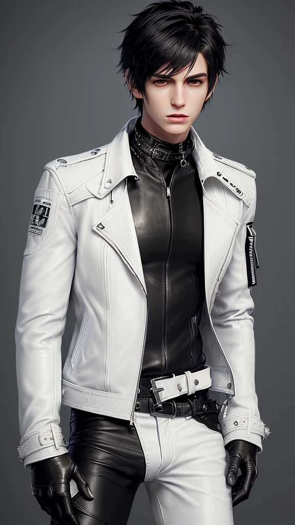Final fantasy taste and reality graphics, Japanese young cute and cool ikemen boy, his age is early 20s, thin eyebrows and beady eyes, ((he wearing off white color leather thick material jacket)), ((jacket is singlebrest)), biker style jacket, with epaulet, jacket is long sleeve, ((must close the front of the leather jacket)), , ((voluminous leather jacket)), ,((must jacket is high length and stand-up collar)) ((jacket collar with two belts)), ((jacket is a little black color line pattern)),((close the front of the jacket)), also wearing black thick material turtleneck lackluster shirts, tight black leather pants, ((black leather tight and thin glove)), ((black leather knee-high raceup boots)),((must views head-to-toe)),((must views whole body)), ,((Do not show skin from the neck down)),leather jacket leather glove and leather pants have few wrinkles,boy in the prison room, Avoid showing your innerwear,zip up jacket fastner.
Boy touching owns private parts with right hand.
Bous face is expression of ecstasy.
Boy is black hair.