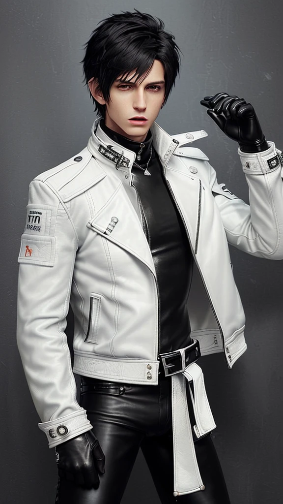 Final fantasy taste and reality graphics, Japanese young cute and cool ikemen boy, his age is early 20s, thin eyebrows and beady eyes, ((he wearing off white color leather thick material jacket)), ((jacket is singlebrest)), biker style jacket, with epaulet, jacket is long sleeve, ((must close the front of the leather jacket)), , ((voluminous leather jacket)), ,((must jacket is high length and stand-up collar)) ((jacket collar with two belts)), ((jacket is a little black color line pattern)),((close the front of the jacket)), also wearing black thick material turtleneck lackluster shirts, tight black leather pants, ((black leather tight and thin glove)), ((black leather knee-high raceup boots)),((must views head-to-toe)),((must views whole body)), ,((Do not show skin from the neck down)),leather jacket leather glove and leather pants have few wrinkles,boy in the prison room, Avoid showing your innerwear,zip up jacket fastner.
Boy touching owns private parts with right hand.
Bous face is expression of ecstasy.
Boy is black hair.