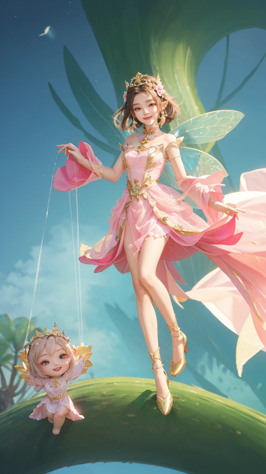 anime girl with fairy wings and a pink dress holding a pink flower, smiling as a queen of fairies, astral fairy, pixie character, fairy, faerie, queen of the fairies, fairy magnificent, full body xianxia, fairy queen, fantasy outfit, fuchsia skin, elf girl wearing an flower suit, gilded lotus princess, fairycore, portrait of a fairy, brown hair.