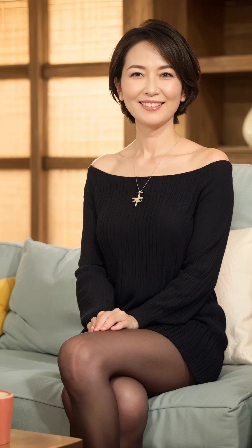 最high quality, 8K, Energetic, Clear focus, high quality, high resolution, Middle-aged women, Mature woman, 55 years old, (Full Body Ezbian), (High heels face details, Very detailed eyes, Full figure、Plump face
"quickly": "A woman with short black hair sits on a sofa, Wearing a colorful off-the-shoulder top，Knee-length. She gave the brightest smile, Exudes warmth and happiness. The scene is set in a cozy living room with soft lighting., Highlight her happy expression. Knitwear in bright colors，Rich in details, Add a touch of color to the scene. The overall atmosphere is cheerful and warm, Capturing moments of pure joy and comfort.",


