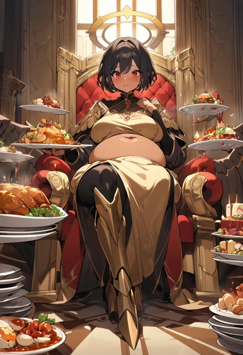 1girl, tanned skin, golden halo, black hair, very short hair, winged, bronze dress, red details, long sleeves, red eyes, palace ambience, golden aura, sitting, throne, prosthetic legs, several plates, food, feast, sweating, panting, big belly, stuffed, overfeed