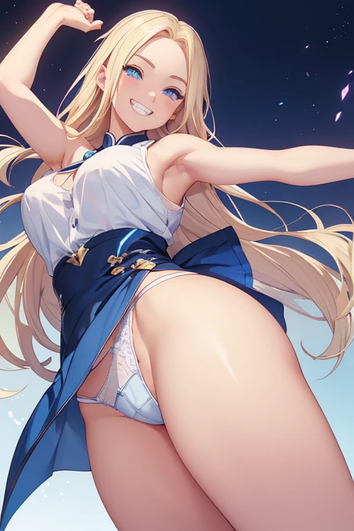 Realistic、masterpiece, 1house wife、blonde hair、twin tail, red eyes, (eye focus:1.3,face focus),(Gradient eyes:1.3),(sexy panties)、open mouth,(grin:1.3),forehead,cute face、((Thick thighs、Beautiful thighs)), A condescending gaze on the viewer,((Raise your arms, Expose your armpits)), Wrestler