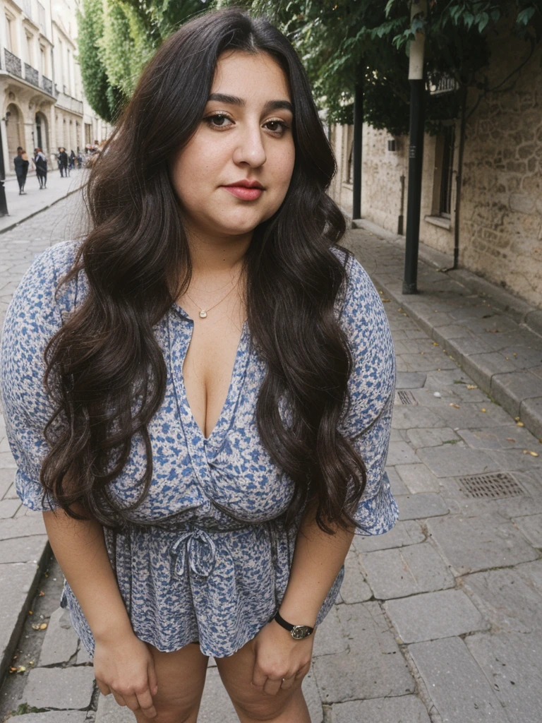 Caseyli, 1girl, solo, 30 years old, (((Georgian face))), (((Georgian nose))), (((Georgian lips))), ((((chubby and fat)))), (((wide hips))), (((dark blonde hair))), wavy medium hair, wearing stylish Generation Z modern wear, ((Background: Parisian Courtyards)), upper body and upper legs, standing