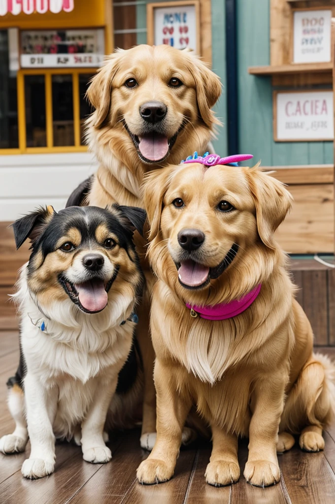 Please create a logo for my pet shop venture in Spanish that says happy furry dogs that has a smiling Golden Retriver dog on its face with dog accessories