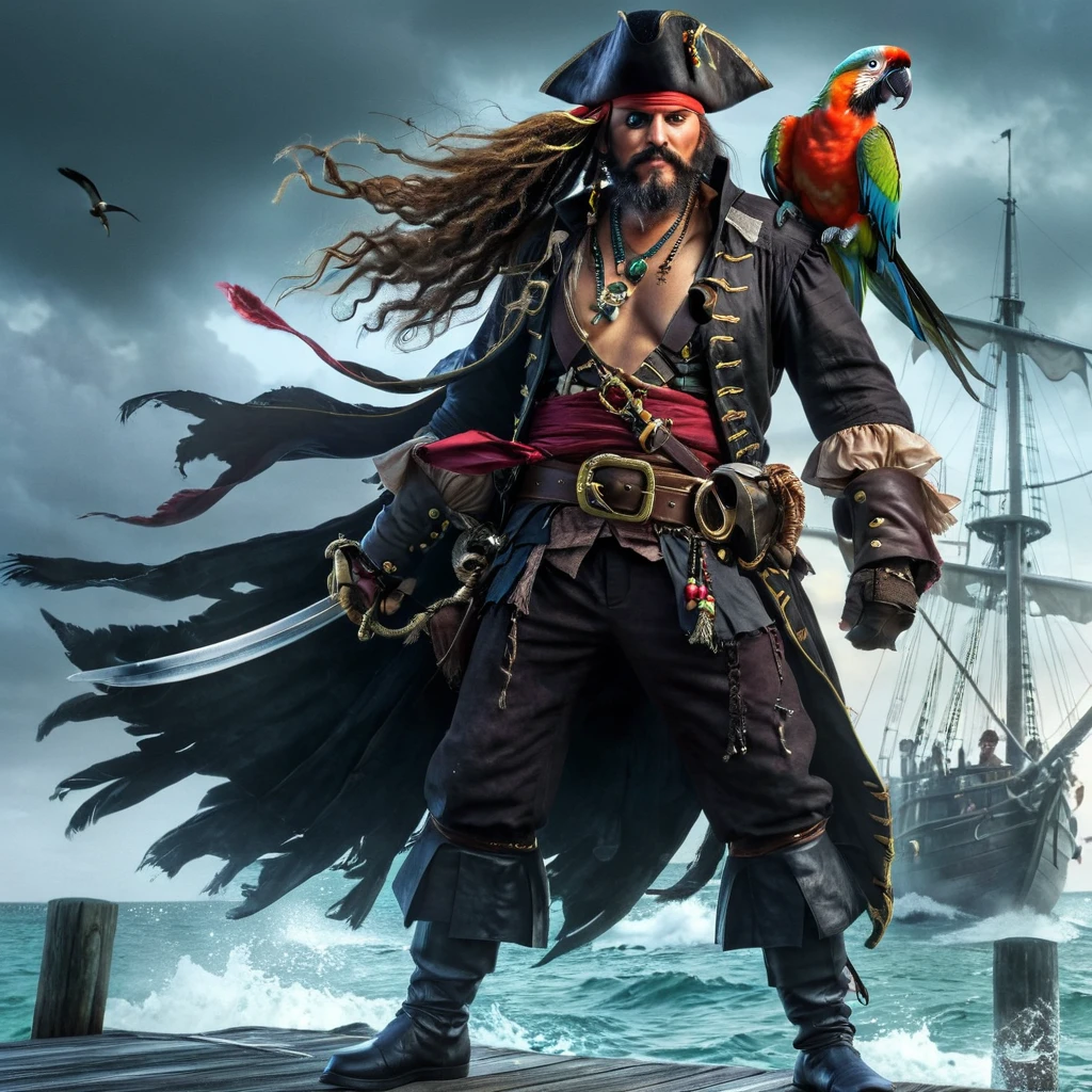 pirate with parrot on his shoulder standing on a pier, swashbuckler class pirate, pirate captain, pirate portrait, bald male swashbuckler, a pirate, pirate, black beard, swashbuckler, by Arthur Pan, pirate themed, pirate captain, by James Gurney, ( pirate with a hat), pirates, pirate sword in his arms