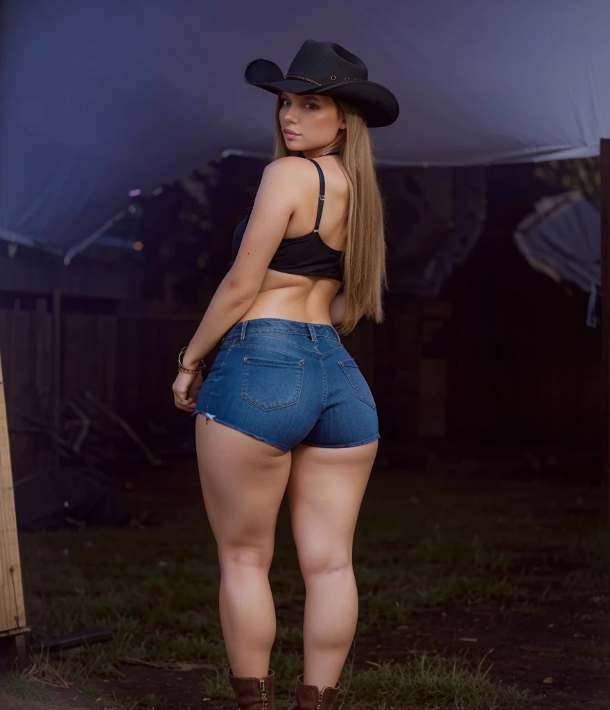 a one woman, extremely lifelike, very beautiful, wearing cowboy hat, boot, short jeans, account, black blouse, big-ass, legs thick, sexly
