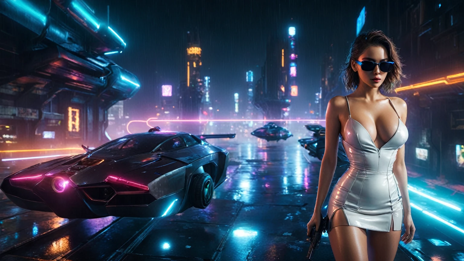 (aerial view, a flying cars docking platform, a very dark abandoned futuristic city, neon lights), rainy night. 1girl, solo, alone, large-breast:1.2 slim body, cleavage:1.1, sexy wind blowing wet dress:1.4, (headphone, black sunglasses), (((she raised:1.8 a pistol:1.8 and took aim))), dynamic pose, (((half-body thigh level medium shot))), cinematic lighting, lens flare, ray tracing.