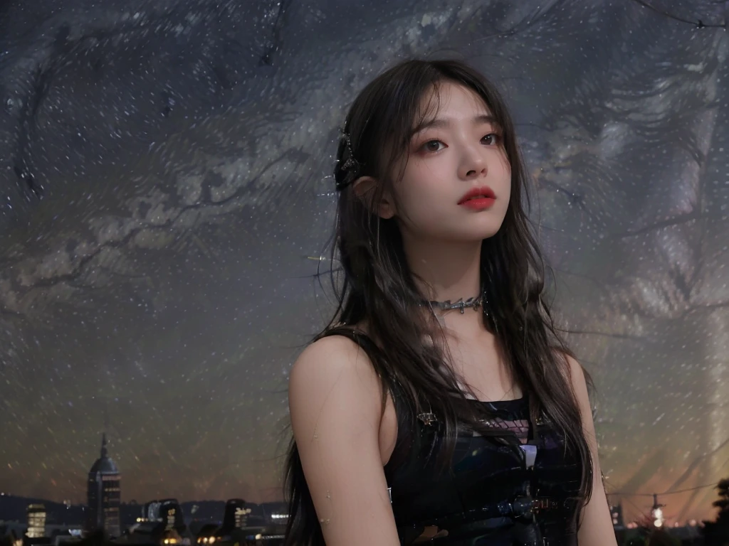 minimum, harmony, aesthetic, fantastic scene, Dystopia, (night, Starry Sky:1.4), Broken Building, Sky full of stars, Beautiful night sky, Girl looking up at the sky, 24-years-old, slender, Medium Hair, bangs, (Gothic_Punk:1.2), masterpiece, best quality, RAW Photos, photorealistic, depth of field, candytt