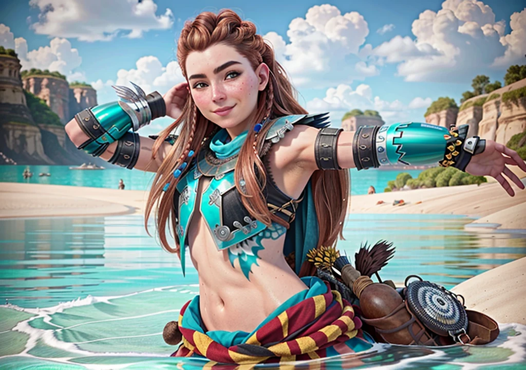 AloyHorizon, solo, long hair, smile, brown hair, hair ornament, navel, brown eyes, weapon, braid, outdoors, parted lips, sky, day, midriff, red hair, water, from behind, armor, blue sky, lips, looking to the side, tattoo, ocean, looking away, thick eyebrows, shoulder armor, freckles, showing armpits and pussy half naked. 