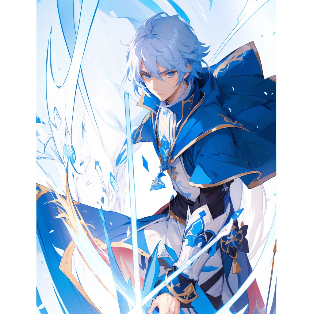 anime character with sword and cape in blue outfit with blue background, hero 2 d fanart artsation, keqing from genshin impact, style of duelyst, tall anime guy with blue eyes, full portrait of magical knight, casimir art, genshin impact character, crisp clear rpg portrait, official art, shigenori soejima illustration, by Shitao, rosto sério, boca fechada, rosto de vilão, rosto malvado