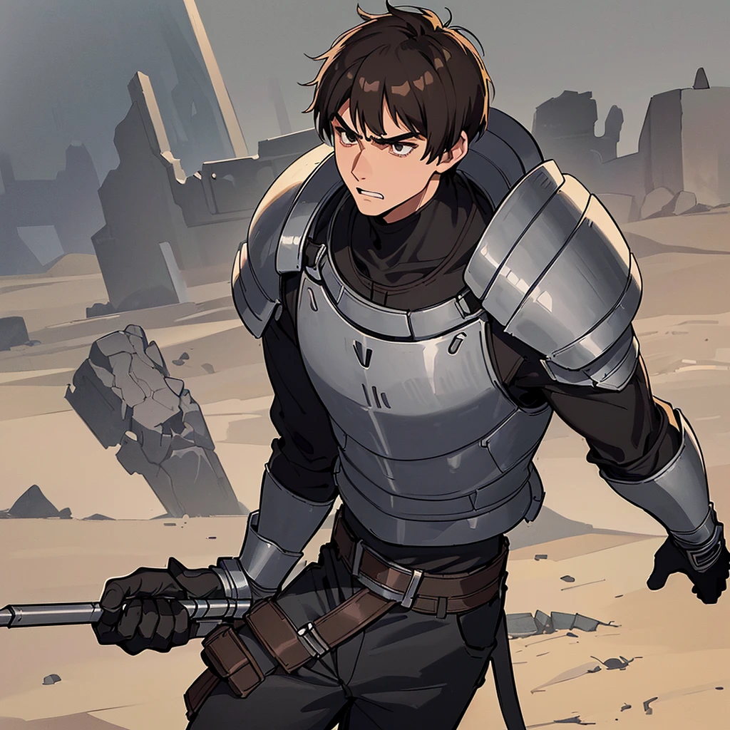 ((((Solo))))、((((Get Ready))))、Best illustrations、Best Quality、(((Simple grey armor、Black trousers、Black gloves、Short Hair、Brown Hair、20 year old man)))、(Old ruins、desert。Grass)、(get annoyed、Clench your teeth、Get angry)、battlefield、(White background)、(From above at an angle)
