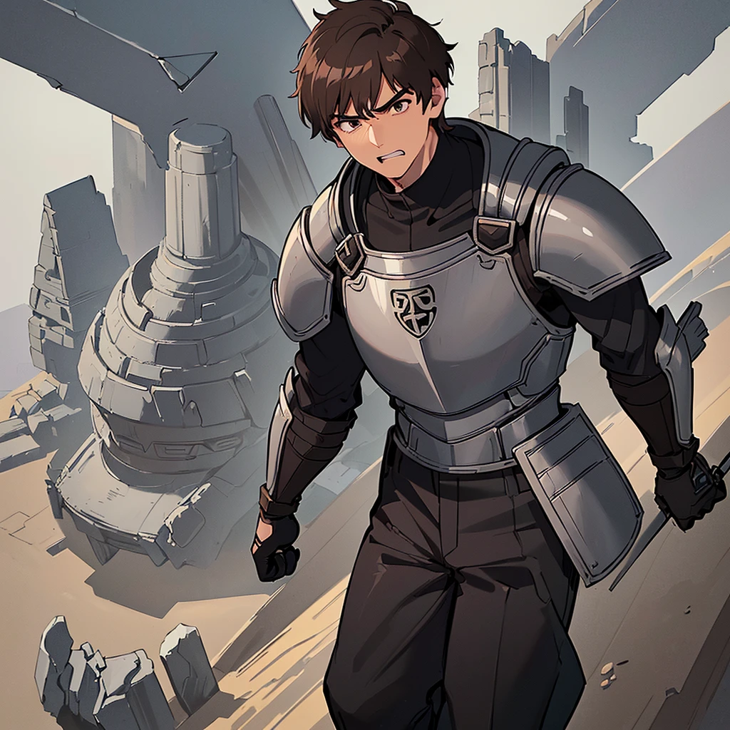 ((((Solo))))、((((Get Ready))))、Best illustrations、Best Quality、(((Simple grey armor、Black trousers、Black gloves、Short Hair、Brown Hair、20 year old man)))、(Old ruins、desert。Grass)、(get annoyed、Clench your teeth、Get angry)、battlefield、(White background)、(From above at an angle)