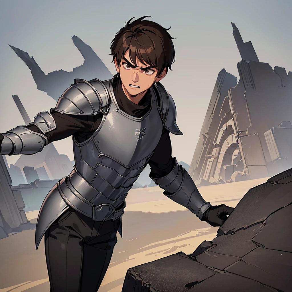 ((((Solo))))、((((Get Ready))))、Best illustrations、Best Quality、(((Simple grey armor、Black trousers、Black gloves、Short Hair、Brown Hair、20 year old man)))、(Old ruins、desert。Grass)、(get annoyed、Clench your teeth、Get angry)、battlefield、(White background)、(From above at an angle)
