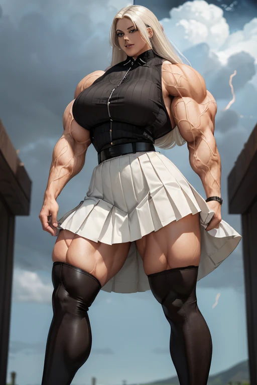 ((((Massive tall, beautiful, buff, light brown skinned muscular woman with white hair, black lipstick, ginormous bulky muscles, winds blowing hair and wearing a white pleated shirt with beautiful long pleated skirt)))), (close view), (massive muscles), long straight hair, blue eyes, choker, ((white pleated shirt and tie)), neck tie, ((beautiful long pleated skirt)), belt, thigh high socks, black boots, (in front of a tornado), closed smile, night, massive muscles