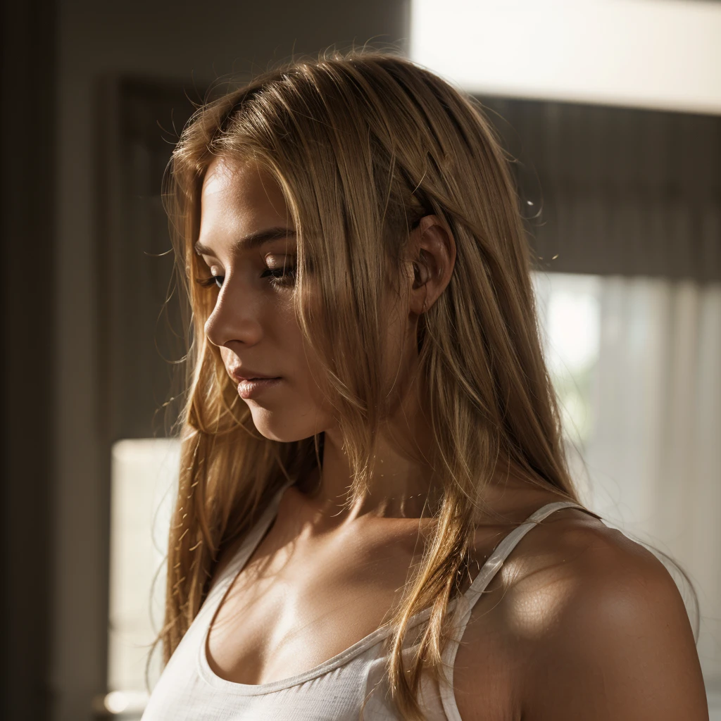 Close-up profile shot of a young person with light skin and long, straight, blonde hair that partially covers their face. The individual is wearing a white tank top and is positioned against a dark, indoor background. The lighting is focused on the subject, highlighting the hair's texture and shine, while the background remains dim and indistinct. The overall composition emphasizes the subject's hair and profile, with minimal visible details of the surroundings.