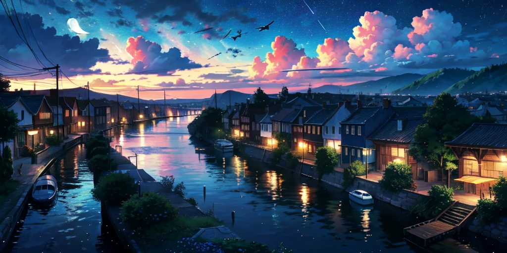 The river runs through the town，The river water has dots of colorful light，cloudy，Bluish，Birds fly over the town，night，There are moons