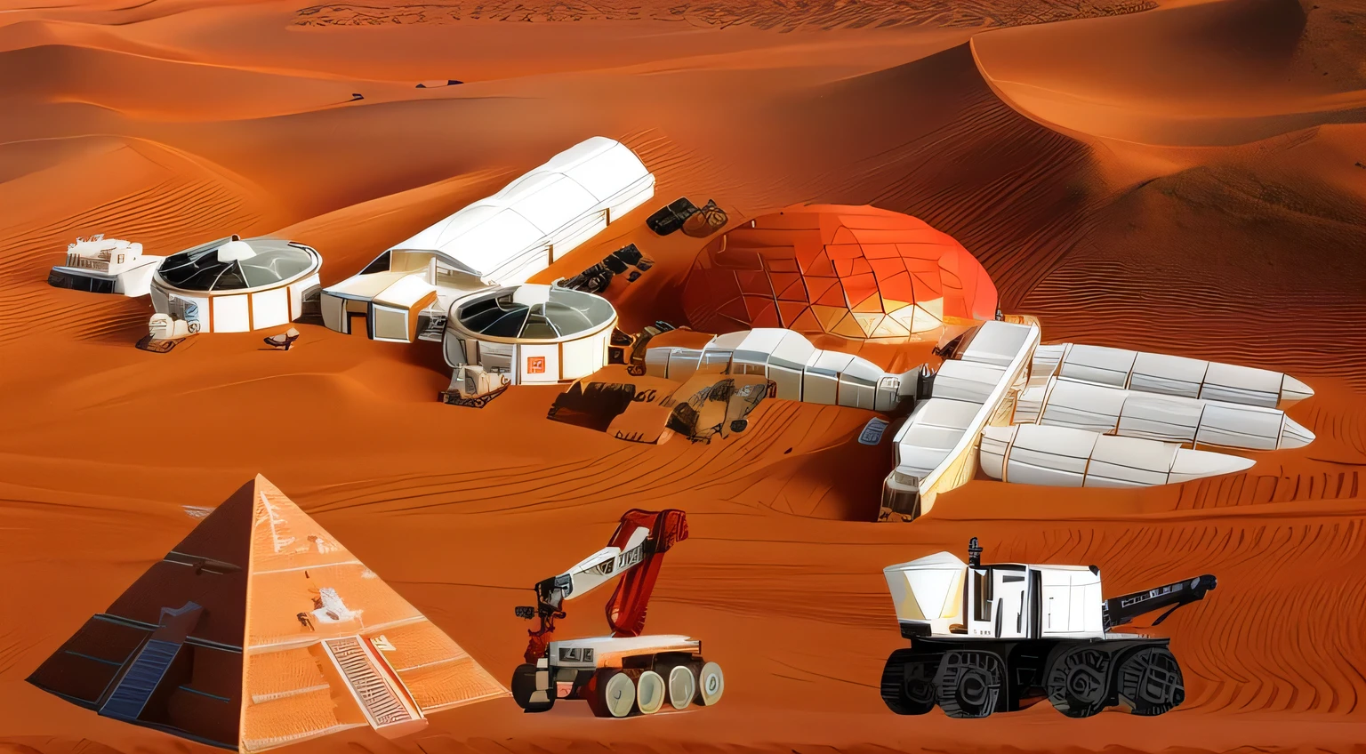 Mars base construction，Red Martian soil ground，Ultra modern houses in the background，A pyramid structure being printed by a white 3D printer，There are transporters transporting bricks，Realistic，Preserve the details of the original image，4K，Super Resolution