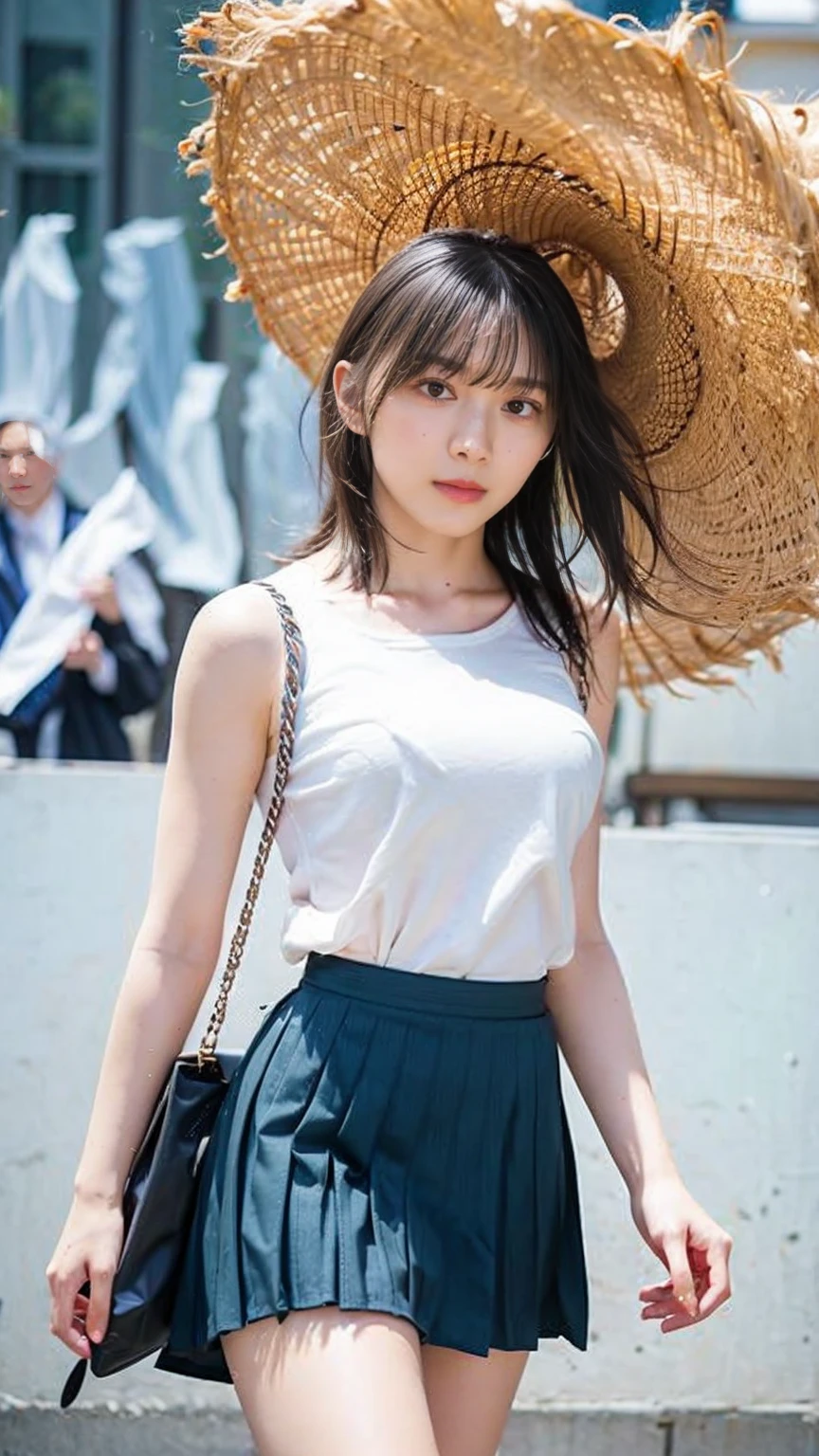 ((Viewing angle from below、Highest quality、masterpiece、32K、Every detail))、Descend the outdoor stairs、commute、Systemic symptoms、Traditional navy blue sailor uniform、White blouse、Pleated skirt、(((A strong wind blows my hair and skirt away:1.62)))、((I always wear the shoulder strap of my bag across my body...:1.22))、One Girl, alone、(((mini skirt, No underwear:1.22)))、Big Breasts、barefoot, High heels