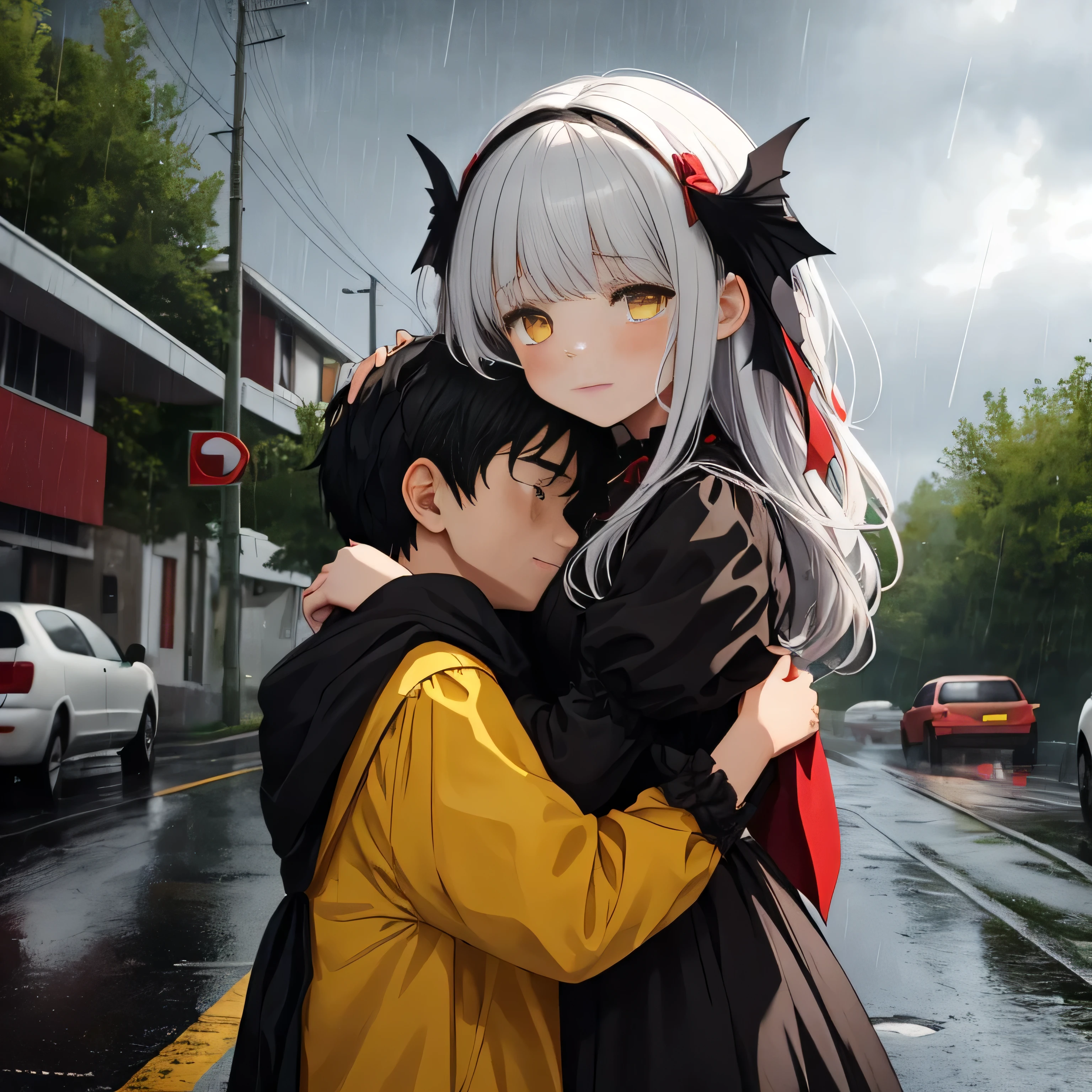 1girl, 1boy, girl with, sorcerer, the witch, outdoors, road, middle of the road, rain, raining sky, 10:10 AM, Red and black gothic lolita, Dresses with ruffles, sad, cry, white hair, long hair, yellow eyes, bat wings on head, sun, heart broken boy, girl holding crying boy on her shoulder, boy black hair, boy sad, boy short hair, yellow shirt, boy hugging his sister, girl confort crying boy