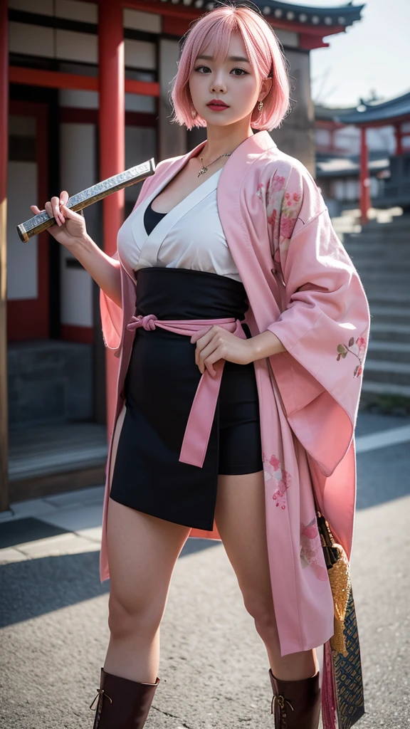 Beautiful Chinese woman, (16 years old), cute face, red lips, white moist skin, moles, under-eye bags,
BREAK,
Feminine body with high athletic ability, Body of a female fitness model, Feminine body with hard tones, (muscles: 1.2), (beautiful belly button),
BREAK,
Martial artist, Kung Fu fighter, Idol,
BREAK,
(wearing cute kimono: 1.3), (kimono with high exposure), (over-the-knee boots 1.3), necklace, very large earrings, short length,
BREAK,
Short hair, (short bob hair), (bangs: 1.2), (pink hair: 1.3), (wavy hair),
BREAK,
(very large Japanese sword: 1.4), (holding the handle of a Japanese sword in hand: 1.3), (raising a very large Japanese sword: 1.2), (getting into a fighting stance),
BREAK,
(Japanese tattoo: 1.4),
BREAK,
Masterpiece, perfect lighting, Ultra high resolution, 8K, (highly detailed:1.4), (front view), looking at camera, melancholic expression,
BREAK,
(Tokyo city, lots of people in background), Japanese city background,