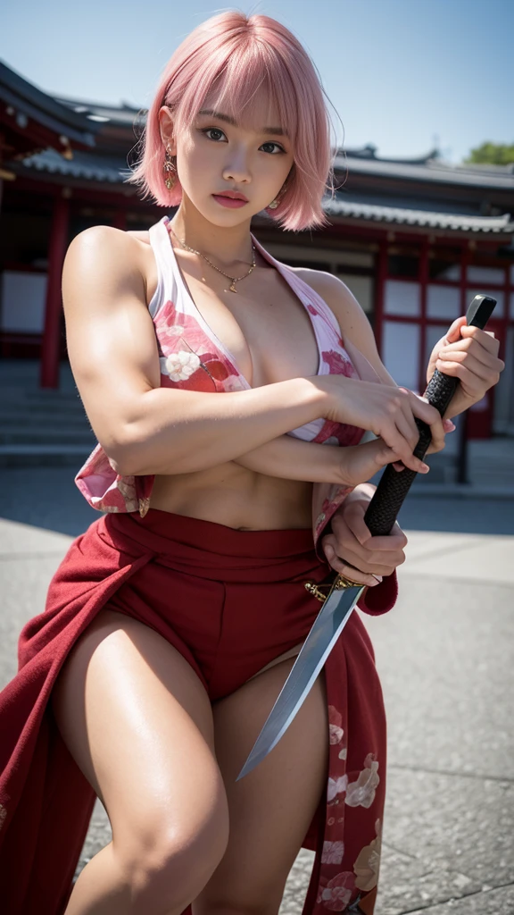 Beautiful Chinese woman, (), cute face, red lips, white moist skin, moles, under-eye bags,
BREAK,
Feminine body with high athletic ability, Body of a female fitness model, Feminine body with hard tones, (muscles: 1.2), (beautiful belly button),
BREAK,
Martial artist, Kung Fu fighter, Idol,
BREAK,
(wearing cute kimono: 1.3), (kimono with high exposure), (over-the-knee boots 1.3), necklace, very large earrings, short length,
BREAK,
Short hair, (short bob hair), (bangs: 1.2), (pink hair: 1.3), (wavy hair),
BREAK,
(very large Japanese sword: 1.4), (holding the handle of a Japanese sword in hand: 1.3), (raising a very large Japanese sword: 1.2), (getting into a fighting stance),
BREAK,
(Japanese tattoo: 1.4),
BREAK,
Masterpiece, perfect lighting, Ultra high resolution, 8K, (highly detailed:1.4), (front view), looking at camera, melancholic expression,
BREAK,
(Tokyo city, lots of people in background), Japanese city background,