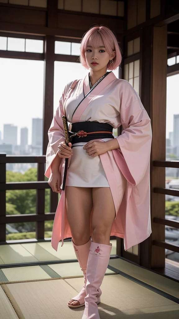 Beautiful Chinese woman, (16 years old), cute face, red lips, white moist skin, moles, under-eye bags,
BREAK,
Feminine body with high athletic ability, Body of a female fitness model, Feminine body with hard tones, (muscles: 1.2), (beautiful belly button),
BREAK,
Martial artist, Kung Fu fighter, Idol,
BREAK,
(wearing cute kimono: 1.3), (kimono with high exposure), (over-the-knee boots 1.3), necklace, very large earrings, short length,
BREAK,
Short hair, (short bob hair), (bangs: 1.2), (pink hair: 1.3), (wavy hair),
BREAK,
(very large Japanese sword: 1.4), (holding the handle of a Japanese sword in hand: 1.3), (raising a very large Japanese sword: 1.2), (getting into a fighting stance),
BREAK,
(Japanese tattoo: 1.4),
BREAK,
Masterpiece, perfect lighting, Ultra high resolution, 8K, (highly detailed:1.4), (front view), looking at camera, melancholic expression,
BREAK,
(Tokyo city, lots of people in background), Japanese city background,