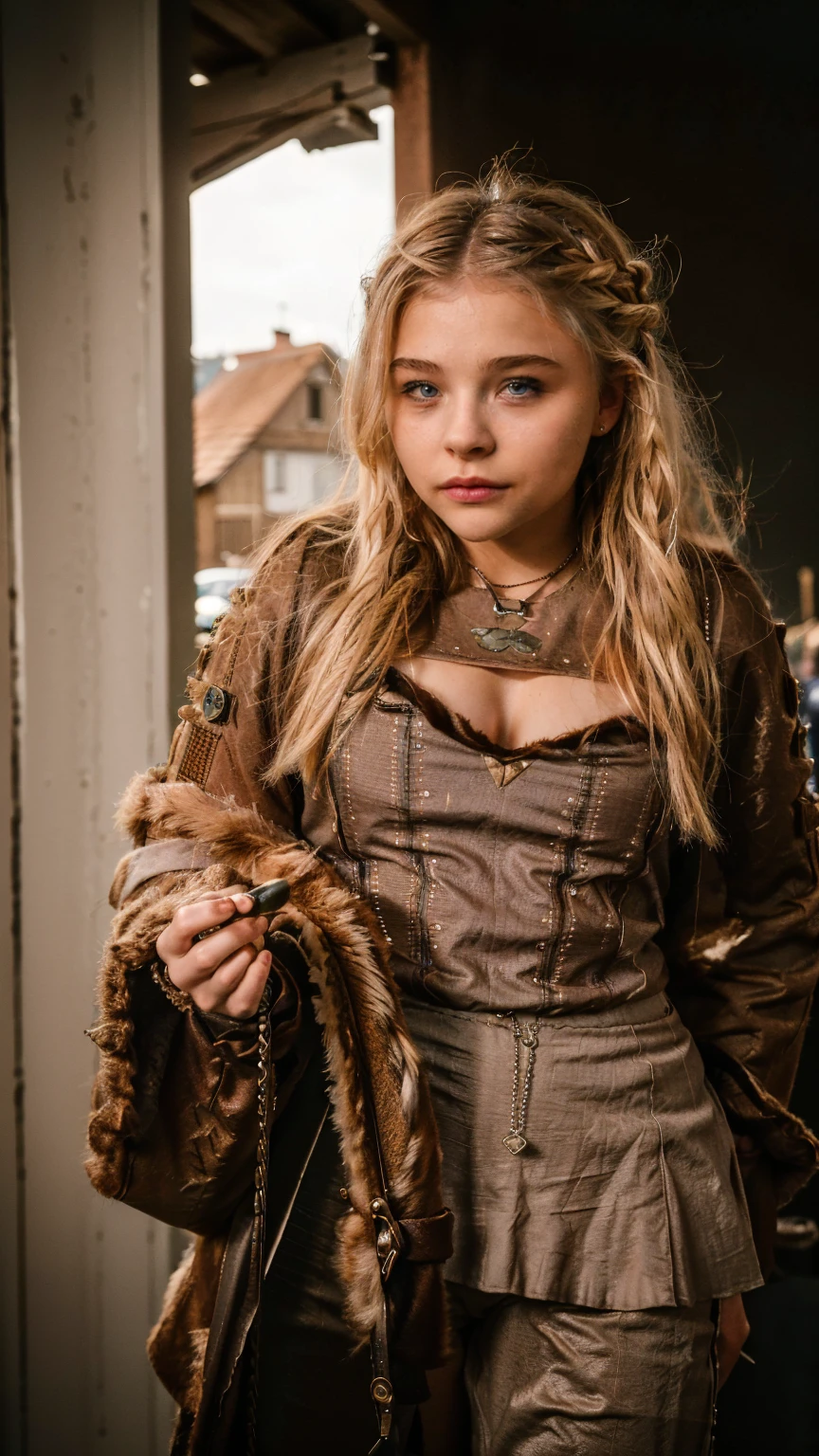 Masterpiece, Best quality, (photorealistic1.4), (UHD), (Cleavages), (epiCRealLife:1.0), (flashphoto), (flash photography), (night time), (chl03gm), (Chloe Grace Mortez wearing Viking armor), (V1k1ng, furs, leather armor, braids,), (VikAr costume), (cowboy shot), (in a Viking town)