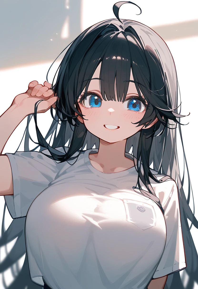 One Girl、Big Breasts、Black Hair、Long Hair、Straight Hair、Ahoge、high school student、smile、Dark blue eyes、Big eyes、shirt、Background School