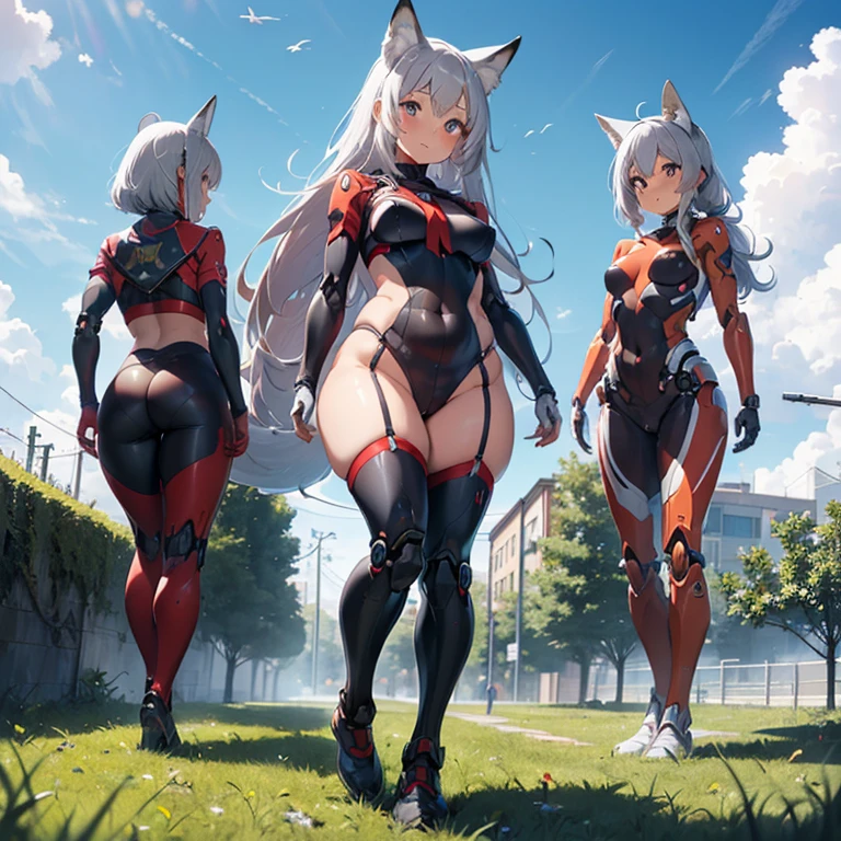 (Fox Girl, Fox Ears, Silver Hair, Fox Makeup, One Girl, Long Hair, Alone on the screen:1.6), (mecha musume, Machinery Parts,Robot Joints, Red clothes, Full body mechanical suit:1.8), (Body measurements are 75-60-75!, Young girl body, Small breasts, Proudly, Standing posture, Plump, muscle:1.9), Avatar, face, lewd face, Dominant representation, naughty face, Uplifting, Skin Texture, outside, Grassy field