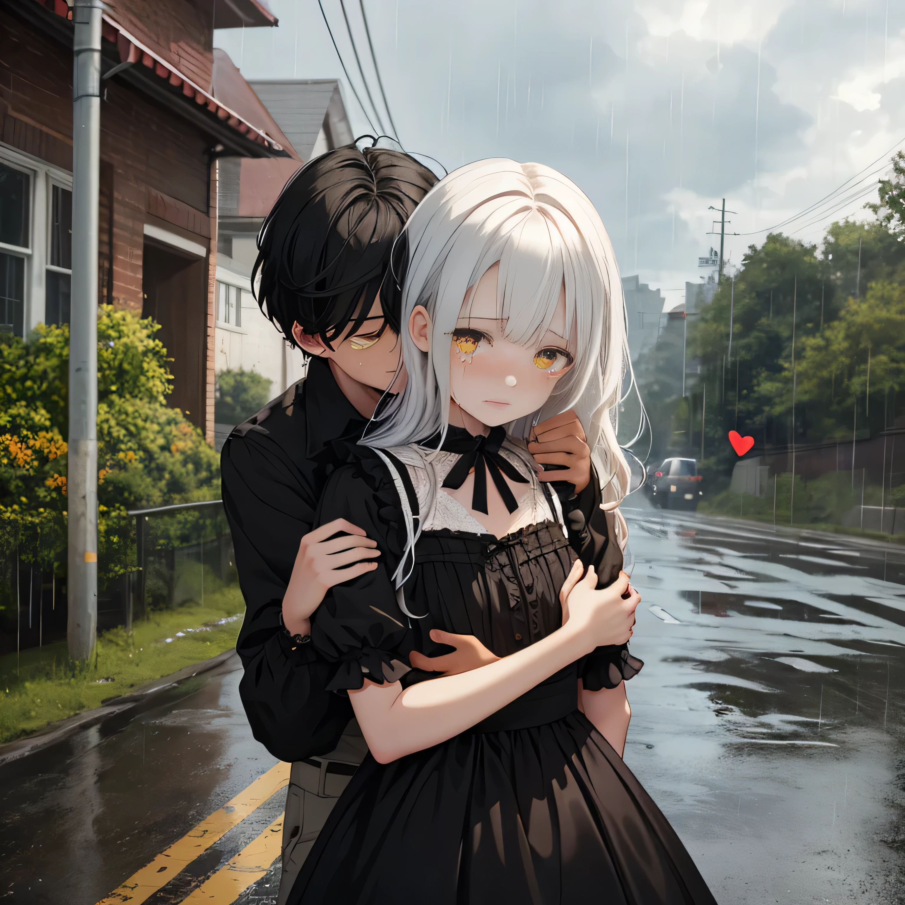 1girl, 1boy, girl with, sorcerer, the witch, outdoors, road, middle of the road, rain, raining sky, 10:10 AM, Red and black gothic lolita, Dresses with ruffles, sad, cry, white hair, long hair, yellow eyes, bat wings on head, heart broken boy, tears, girl holding crying boy on her shoulder, boy black hair, boy short hair, yellow shirt, boy hugging girl, girl confort crying boy
