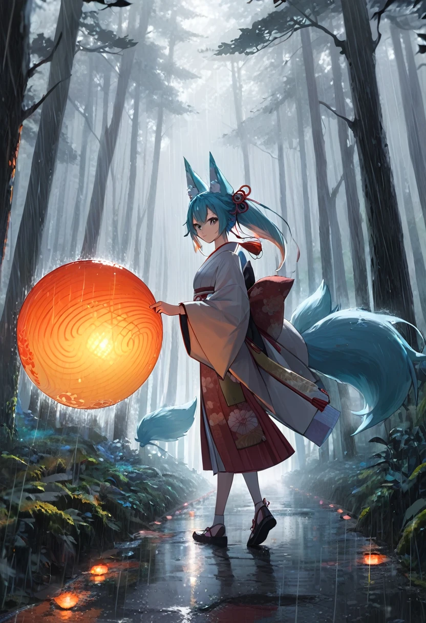 Masterpiece, Extremely detailed, , close distance shot, (A beautiful kitsune woman walking in a rainy forest holding a small ball of blue fire), facing viewer, dynamic pose , fox ears, nine fox tails, traditional Japanese clothing.