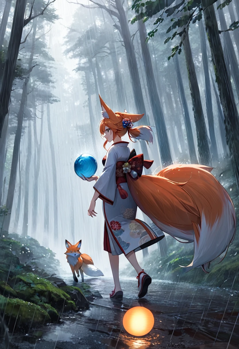 Masterpiece, Extremely detailed, , close distance shot, (A beautiful kitsune woman walking in a rainy forest holding a small ball of blue fire), facing viewer, dynamic pose , fox ears, nine fox tails, traditional Japanese clothing. 
