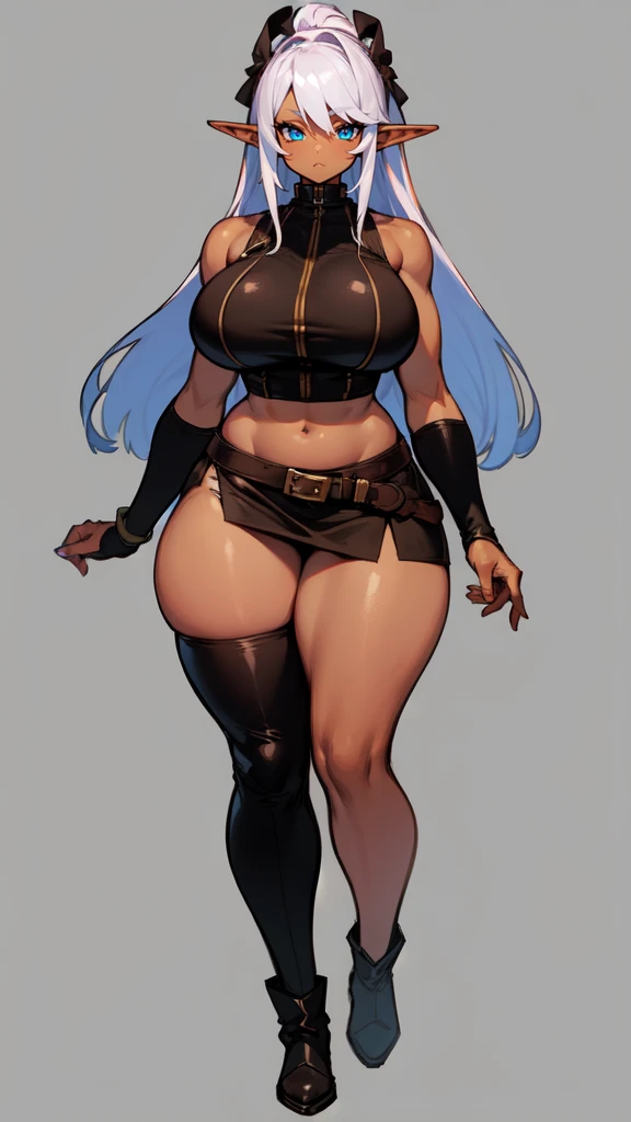 ((blank background)), (((full body))), masterpiece, best quality, thief girl, ((huge girl)), (random hair color), wide hips:1.7, (thick thighs:1.3), ((dark skin)), ((short brown skirt)), ((long legs)), female muscular:0.8, (curvy:1.7), standing, sleeveless, fingerless gloves, leather armor, ((hime cut)), ((symmetry)), ((long boots)), belt under navel, elf ears