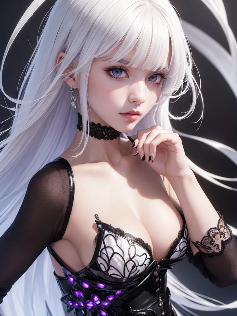girl with white hair,with bangs, black gloves, purple clothes,4K, masterpiece, perfect body, stem,perfect eyes, perfect shading, perfect lighting, best quality, work of art, ultra detailed, detailed clothing