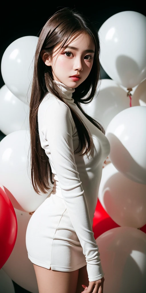 girl face of jema galanza show the masterpiece, best quality, highly detailed background, perfect lightingbest quality,fashion portrait photo of beautiful young woman from the 60s wearing a red turtleneck standing in the middle of a ton of white balloons, taken on a hasselblad medium format camera