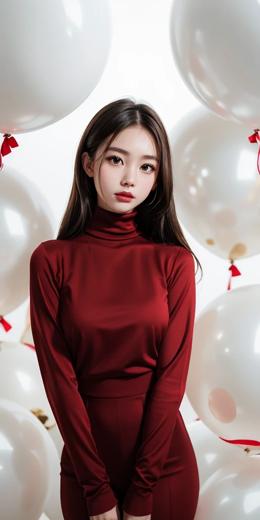 girl face of jema galanza show the masterpiece, best quality, highly detailed background, perfect lightingbest quality,fashion portrait photo of beautiful young woman from the 60s wearing a red turtleneck standing in the middle of a ton of white balloons, taken on a hasselblad medium format camera