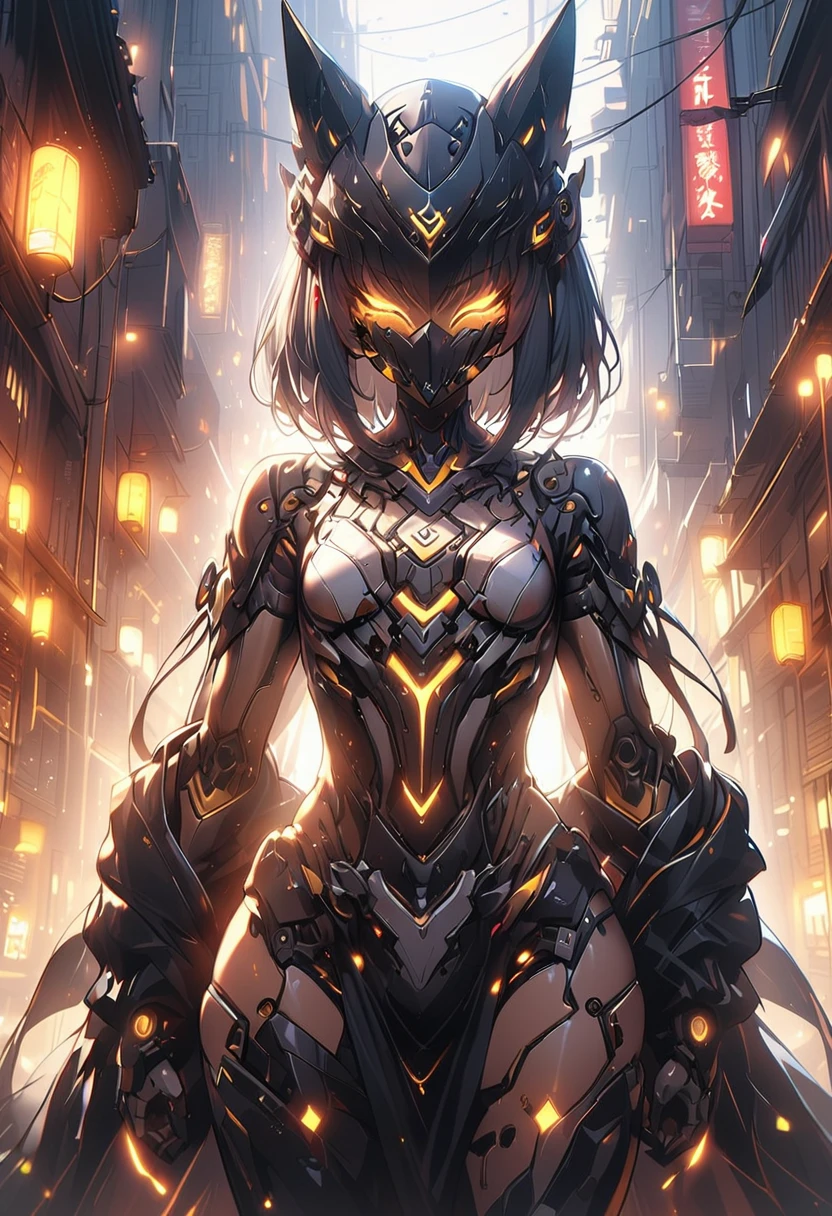 ((masterpiece,High resolution,Highest quality,8k))
(One dark-skinned woman,15 years old,Flat Chest,slender,Black hair bob cut,Dark Skin)(Female Robot,60% mechanical body,mechanical helmet,Face-hiding helmet)
(Black and yellow lights)Anubis the God