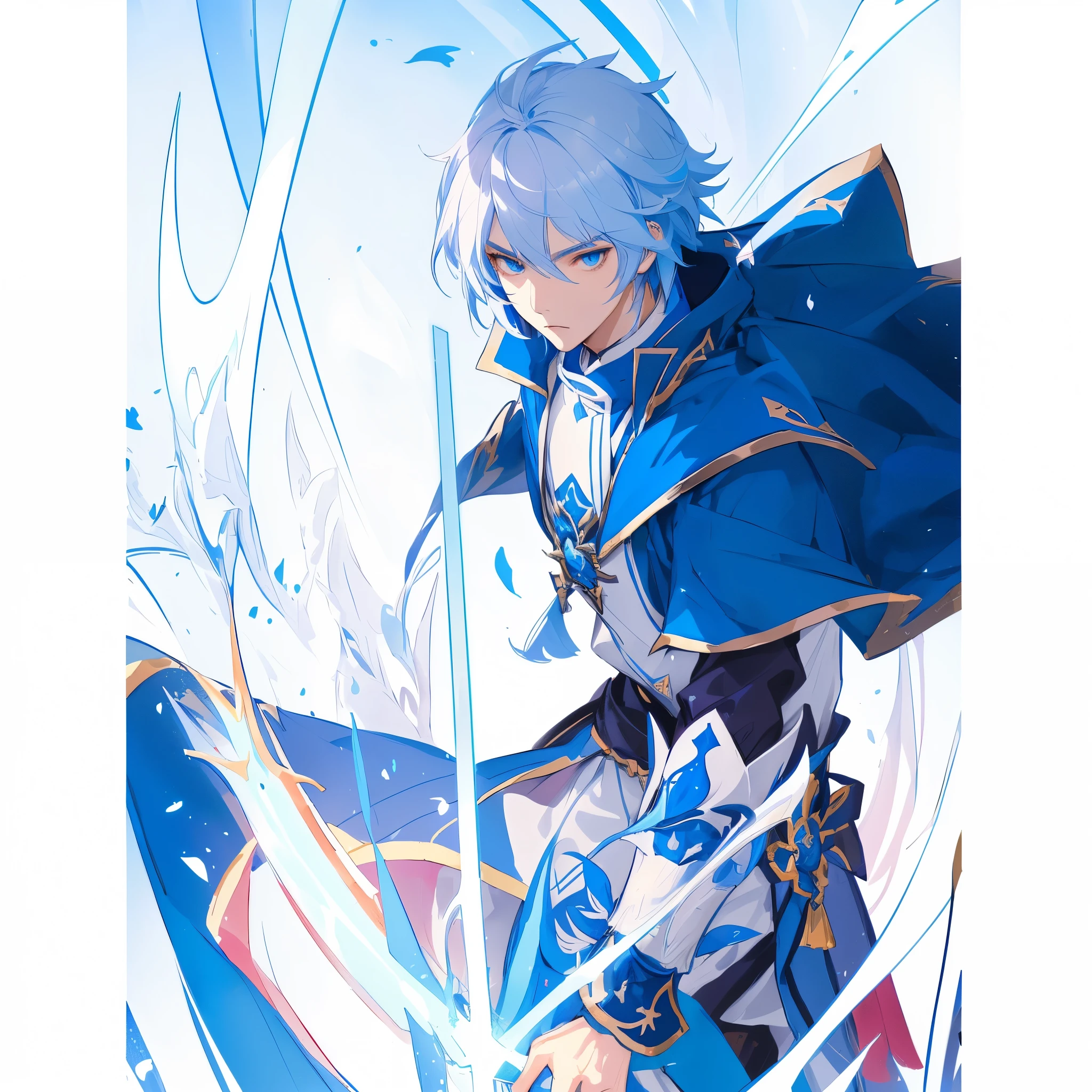 anime character with sword and cape in blue outfit with blue background, hero 2 d fanart artsation, keqing from genshin impact, style of duelyst, tall anime guy with blue eyes, full portrait of magical knight, casimir art, genshin impact character, crisp clear rpg portrait, official art, shigenori soejima illustration, by Shitao, rosto sério, boca fechada, rosto de vilão, rosto malvado