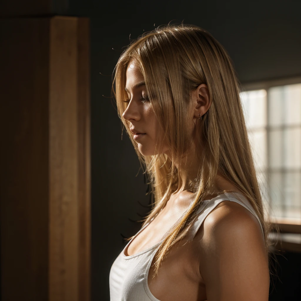 Close-up profile shot of a young person with light skin and long, straight, blonde hair that partially covers their face. The individual is wearing a white tank top and is positioned against a dark, indoor background. The lighting is focused on the subject, highlighting the hair's texture and shine, while the background remains dim and indistinct. The overall composition emphasizes the subject's hair and profile, with minimal visible details of the surroundings.