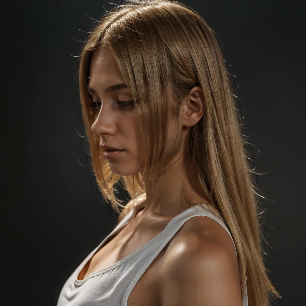 Close-up profile shot of a young person with light skin and long, straight, blonde hair that partially covers their face. The individual is wearing a white tank top and is positioned against a dark, indoor background. The lighting is focused on the subject, highlighting the hair's texture and shine, while the background remains dim and indistinct. The overall composition emphasizes the subject's hair and profile, with minimal visible details of the surroundings.