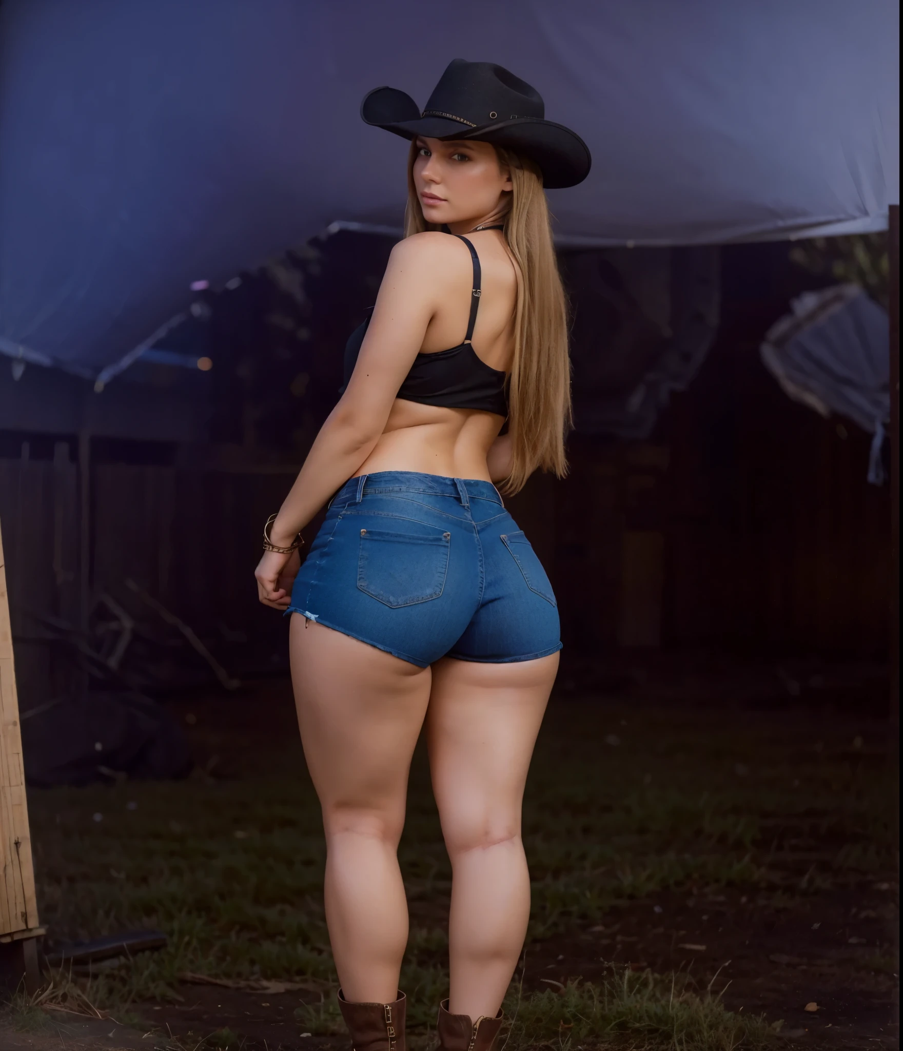 a one woman, extremely lifelike, very beautiful, wearing cowboy hat, boot, short jeans, account, black blouse, big-ass, legs thick, sexly