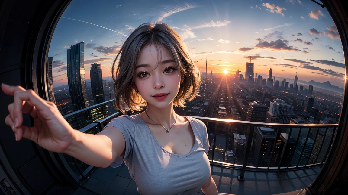 xxmixgirl,One Girl, Fisheye Lens, Selfie, Wind, Messy Hair, sunset, Cityscape, (Aesthetics and atmosphere:1.2), Gray Hair,smile, Film Girl, Short top shirt, Open your chest wide,