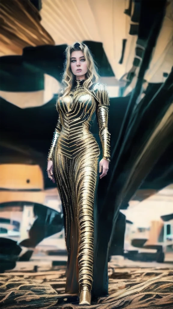 Hyper-realistic digital illustration featuring a Full-length photo of ((((Full body)))) amazingly beautiful female superhero with determined and focused expression and perfect physique in stylish, Darker, Batman inspired Iron Man armor, floating in the night sky above a busy cityscape. The armor is a mix of shiny black and shiny neon yellow with red and yellow accents, and a neon bat symbol is emblazoned on the upper body. The skyline is full of skyscrapers, whose lights create a lively background. She is self-confident, one hand on the hip, while she holds the other towards the viewer, to protect the city beneath her. The scene is dramatically lit, the moon peeks out from behind the clouds and casts a blue shimmer over the scene.